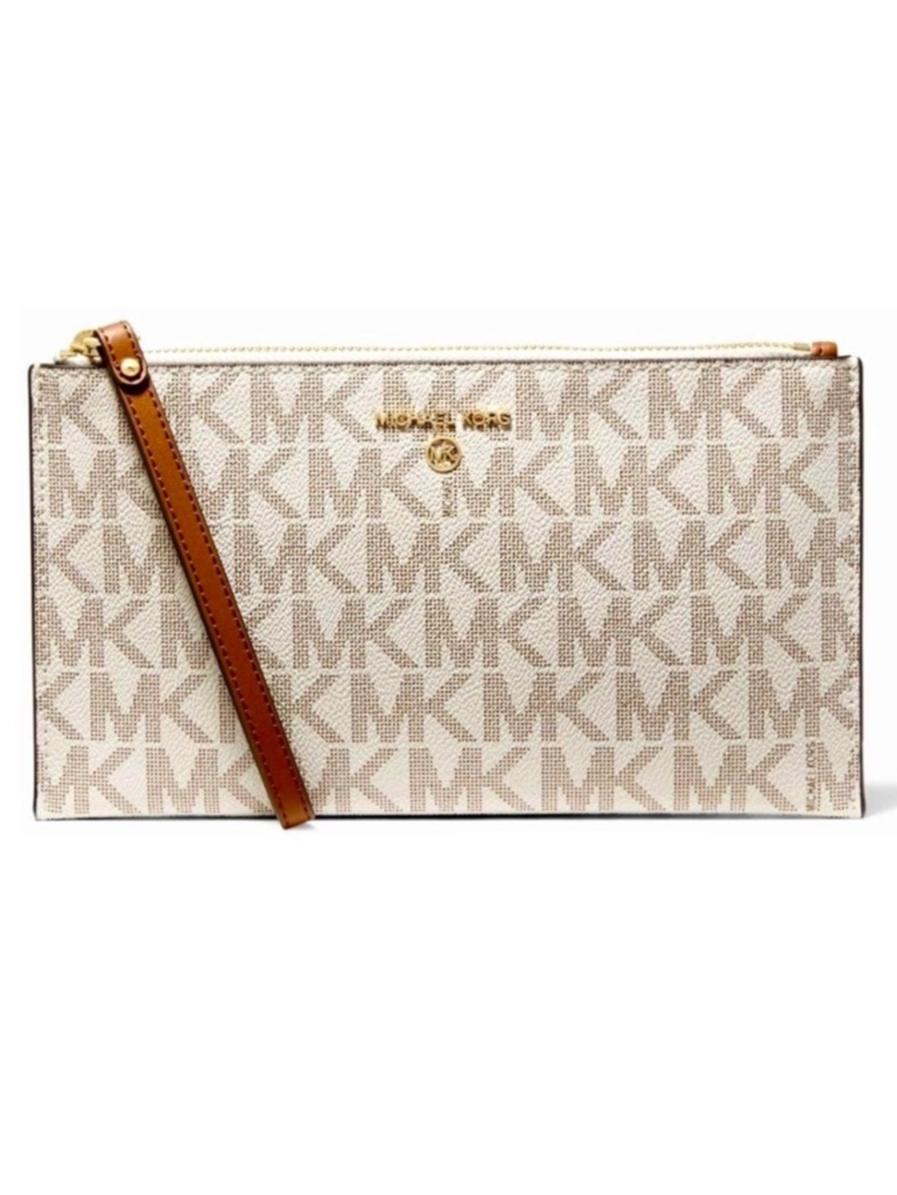 MICHAEL KORS “Jet Set” vanilla/luggage large logo zip clutch wristlet🔥🔥